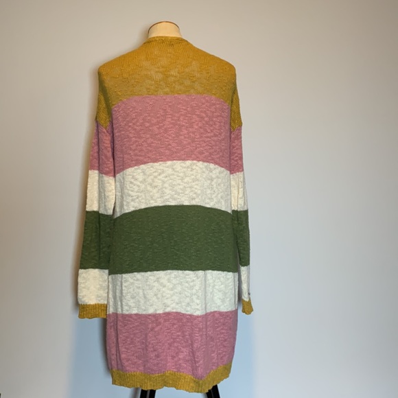 CHARLIE B cream, pink & green striped 100% cotton, long open Cardigan. Small - Picture 3 of 7